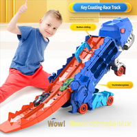 Ensemble de voitures jouets dinosaures Tyrannosaurus Rex transformable avec piste, fonction de lancement et d'attaque, véhicules en alliage à recul