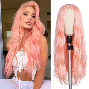 High Women's Long Curly Pink <strong>Synthetic</strong> <strong>Wig</strong> New European American Style Medium Cap Size Cross-Border Wholesale for <strong>UK</strong> France - Product Image 1