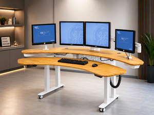 Curved Wood <b>Standing</b> Desk Workstation with Height <b>Adjustable</b> Feature for Dual <b>Monitor</b> Setup in Office and Home - Product Image 1