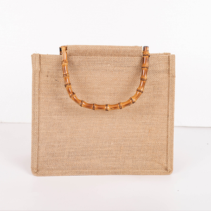 Durable Jute Shopping <b>Tote</b> Bag Bamboo Handle Reusable Solid Color Gift and Carry Bag - Product Image 1