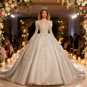 Ophelisa Abito da Sposa di Lusso Stile Principessa <span class=keywords><strong>Argento</strong></span> Scintillante Maniche Lunghe Scollo a V Ricamato in Pizzo con Fiori Cristalli e Applique - Product Image 1