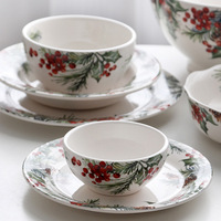 Service de table en céramique aquarelle motif houx de Noël, comprenant tasses, bols et assiettes, design couronne, vaisselle de fête, cadeau, vente en gros