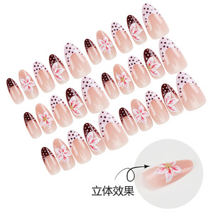 Uñas postizas con diseño de lunares en contraste rojo y blanco para otoño, puntas de uñas postizas con flores en 3D para manicura de moda, bricolaje y festivales. - Product Image 3