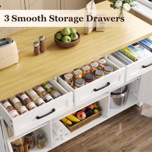 Îlot de cuisine moderne SENYU avec station de charge intégrée, 2 prises AC, 2 ports USB, plateau en bois massif, base blanche - Product Image 4