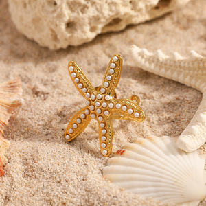 Bagues tendance thème océan, coquillages, étoiles de mer, incrustations de perles, plaqué or, ajustables, bijoux pour femmes, accessoire de fête - Product Image 4