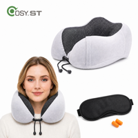 Oreiller de voyage portable en mousse à mémoire de forme en U, soutien cervical, masque de sommeil, bouchons d'oreilles, housse douce et respirante, ergonomique