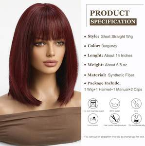 Perruques Bob Courtes et Droites Rouge Bordeaux avec Frange Longueur Épaule Résistantes à la Chaleur pour Femmes à la Mode (Vente en Gros) - Product Image 2