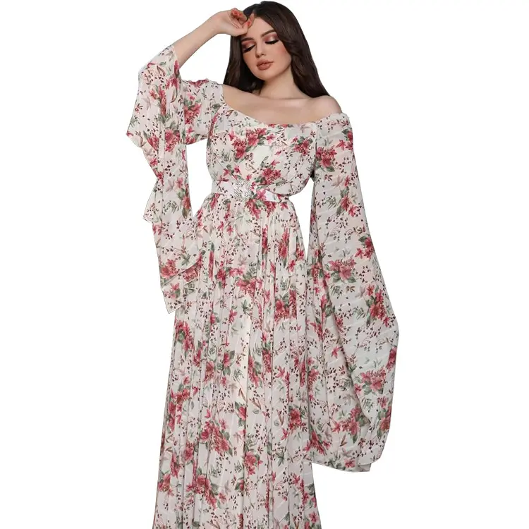 Hot selling maxi pink elegant chiffon long sleeve muslim women dresses women fashion muslim kaftan floral long dress