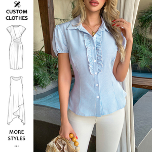 Chemisier décontracté vintage pour femme, style Y2K, à rayures, manches courtes, <span class=keywords><strong>col</strong></span> rabattu, avec volants et boutons, collection été 2026 - Product Image 1