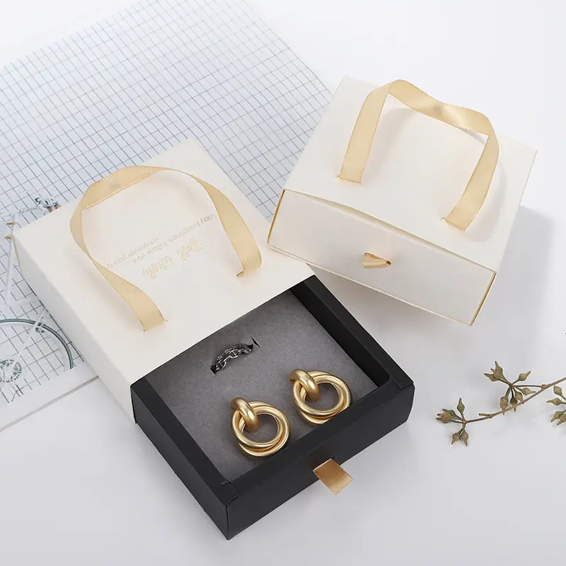 Benutzer definierte Heiß prägung bedrucktes Papier Geschenk paket Schmucks cha tullen Ohrring Schiebe schublade Box mit Griff