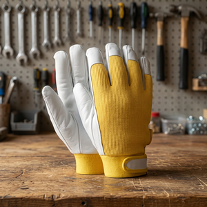 Gants de travail en cuir jaune et gris, bouts des doigts texturés, poignet tricoté, antidérapants, gants de sécurité polyvalents - Product Image 4