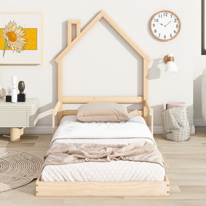 Solid Wood Children's <b>House</b> <b>Bed</b> With Safety Rails Wheat-colored Durable Framework Bedroom Furniture For Kids - Product Image 1