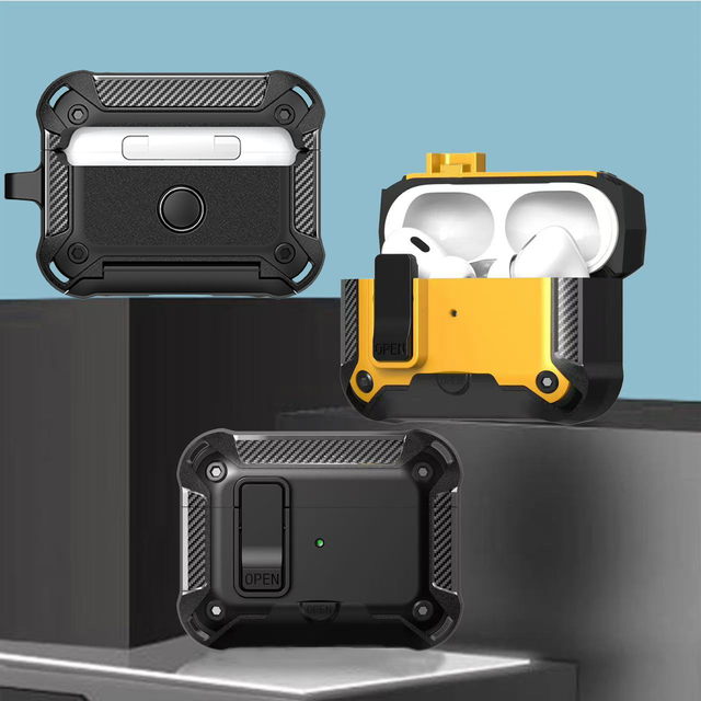 For airpods Pro 2 Carbon Fiber Pattern case with Secure Switch Lock Clip Shockproof Earphone case for airpods 4 Pro 2nd Gen case