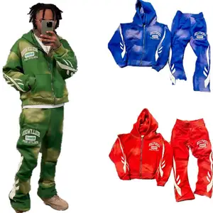 Acid Wash Sweat Suits Cotton Thick Zip Up Applique Embroidery Patch Flared Full Tracksuits Hoodies And Sweatpants Sets For Men