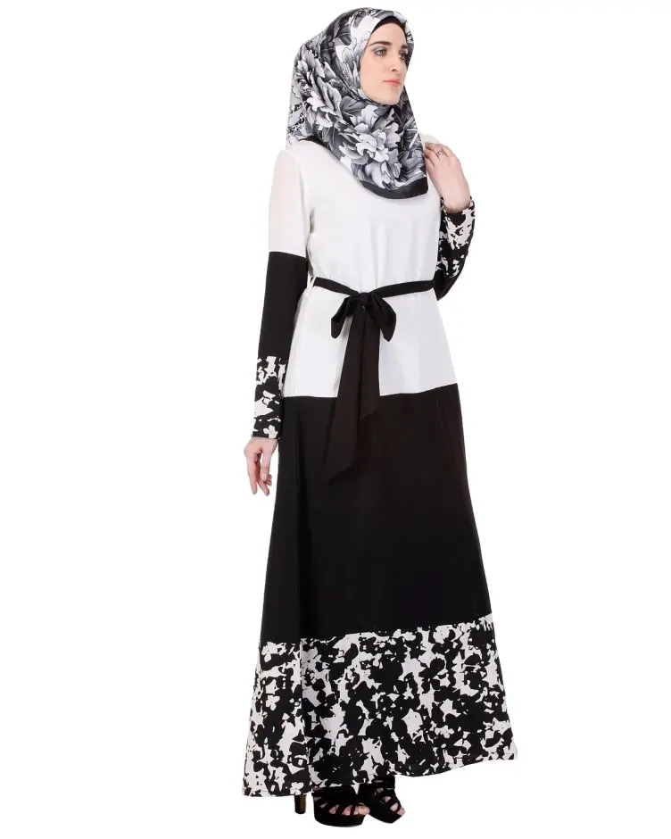 New 2023 Muslim iconic black and white robe with satin sash satin muslim dress