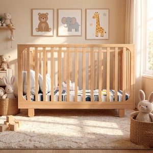 Lit bébé scandinave en bois massif avec barrières <span class=keywords><strong>de</strong></span> sécurité et tiroir <span class=keywords><strong>de</strong></span> rangement convertible en lit d'enfant - Product Image 1