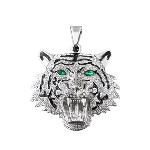 Silver Plated Tiger Head Pendant Necklace With Green Eyes Cubic Zirconia Pave Setting Unisex Punk Style Jewelry - Product Image 3