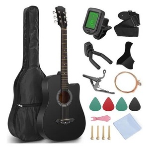 Guitarra Acústica Folk de 38 Pulgadas con Acabado Negro Mate y Accesorios para Principiantes - Product Image 1