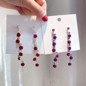 Pendientes <span class=keywords><strong>de</strong></span> Cadena Larga con Borla <span class=keywords><strong>de</strong></span> Flor Rosa Roja y Púrpura, con Diamantes <span class=keywords><strong>de</strong></span> Imitación, para Mujer, Pendientes Colgantes Rectos con Cadena, Joyería - Product Image 6