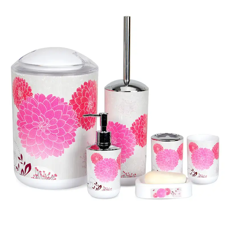 エコフレンドリーなプラスチック6ピースピンク花柄バスルームアクセサリー浴室家具セットゴミ箱
