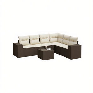 Conjunto de sofá de jardín de ratán blanco crema y marrón con cojines, 6 plazas, muebles de exterior, diseño contemporáneo - Product Image 1