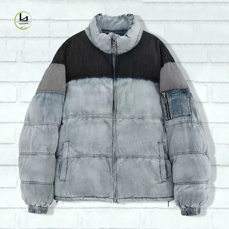 HL manufacture heavyweight vintage wash denim patch splice down coat bubble jacket men custom logo winter denim puffer jacket