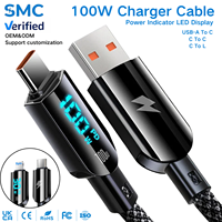Kabel Charger Cepat 100W OEM Grosir Tipe C dengan Layar LED Penunjuk Daya, Kabel Charger Inti Tembaga Aman Berlapis Nilon untuk Ponsel Pintar