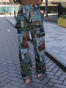 <span class=keywords><strong>Pantaloni</strong></span> Cargo da <span class=keywords><strong>Donna</strong></span> alla Moda in Jacquard Retrò con Tasche Multiple, Chiusura a <span class=keywords><strong>Bottoni</strong></span>, Vita Alta, Stile Casual e Streetwear - Product Image 5