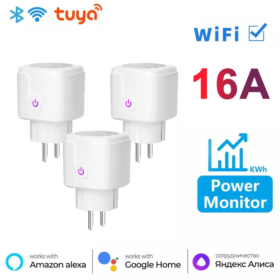Tuya wifi wireless EU Type Smart home socket plug Max 16A energy meter socket smart plugs alexa google