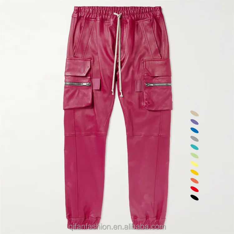 Custom multiple pockets rock 'n' roll style leather sweat cargo pants for men