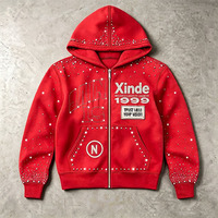 Fabricant de vêtements personnalisés – Sweat à capuche 100 % coton avec impression graphique, strass thermocollants et broderies, fermeture éclair carrée