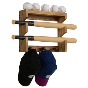 Rustik yanmış ahşap duvara monte beyzbol şapkası yarasa raf ve topu tutucu ile sergileme rafı ve ceket kancaları - Product Image 1