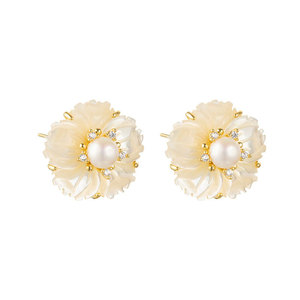MUYU Flower Stud <b>Earrings</b> With Pearl Center 14k Gold <b>Post</b> Wedding Elegant Fashionable - Product Image 5