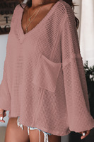Nouveau couleur unie Sexy col en v profond à manches longues pull découpé décontracté ample grande taille femmes pull pull vêtements