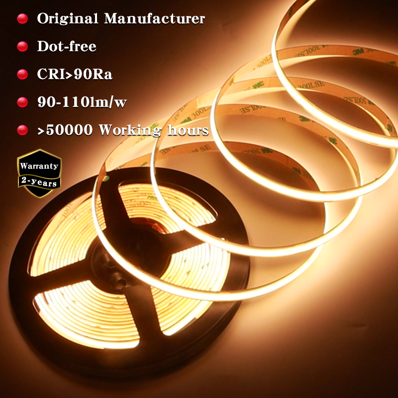 Flexible 320leds/m COB LED Strip Light 24V 8mm IP20 Bedroom LED Tape Light Strip with CE RoHS Led Strip Light 5m/10m/roll