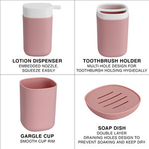 Juego de Accesorios de Baño de Plástico Rosa de 4 Piezas, Económico, Ecológico y Duradero, con Cubo de Basura, Portacepillos de Dientes, Vaso y Jabonera, MOQ Bajo - Product Image 3