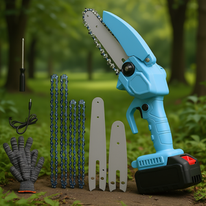 Mini motosierra eléctrica portátil de 4 pulgadas, inalámbrica, a batería, herramienta de jardín de mano, azul, con cadenas y guías adicionales. - Product Image 2