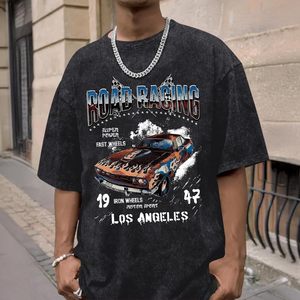 เสื้อยืดโอเวอร์ไซส์ลายพิมพ์รถแข่งสไตล์วินเทจ FOXA สำหรับผู้ชาย ผ้าคอตตอน แขนสั้น สตรีทแวร์ ลอสแอนเจลิส - Product Image 3