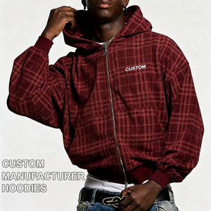 OEM Custom Embroidery Logo <strong>Mens</strong> <strong>Burgundy</strong> Corduroy Streetwear Heavyweight Hooded Pullover Cropped Oversized Plaid Zip up <strong>Hoodie</strong> - Product Image 2