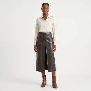 <b>Winter</b>/Autumn New Collection Casual Faux Leather Pleated <b>Skirt</b> with Button Vintage Empire Waist Women's Midi <b>Skirt</b> - Product Image 4