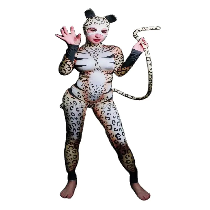 Jersey elástico con estampado de leopardo y gato para Halloween, abertura de baile, disfraz de una pieza para escenario, para hombre y mujer