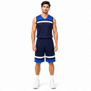 Conjunto de Uniforme de Baloncesto Unisex Azul Marino con Franjas Blancas, Jersey sin Mangas y Pantalones Cortos, Transpirable, Poliéster, Impresión Personalizada, Sin Costuras - Product Image 1