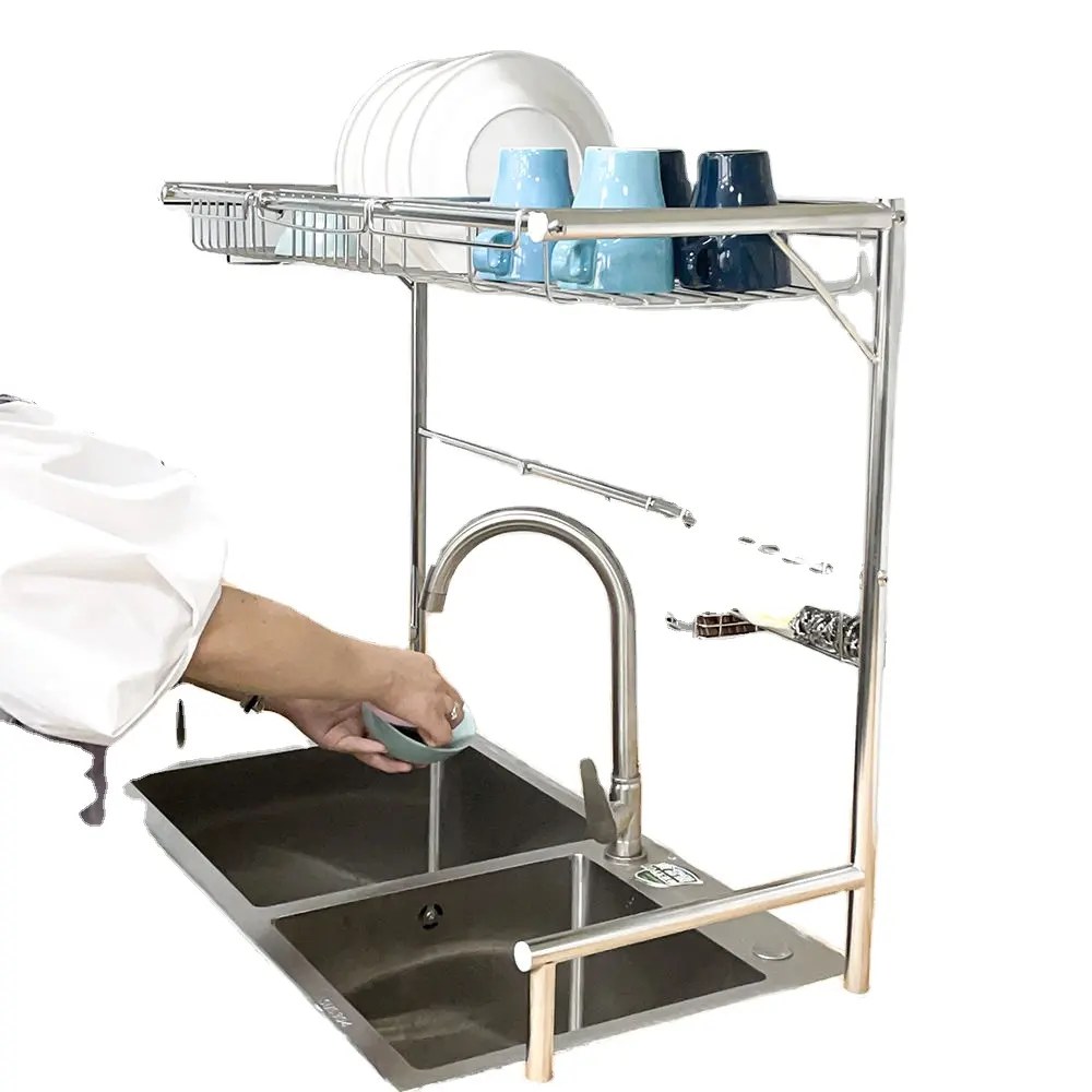 Tuyau rond de cuisine dans l'évier égouttoir à vaisselle, avec étagère d'organisation de stockage étagère en métal évier égouttoir à vaisselle