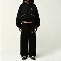 Ensemble de survêtement streetwear personnalisé pour homme, avec sweat à capuche zippé imprimé silicone et pantalon de survêtement baggy à double couche avec ceinture à carreaux