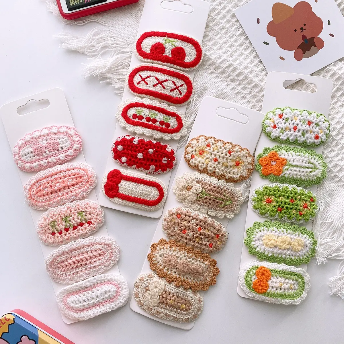 Khuyến Mãi 5Pcs Dễ Thương Bé Dệt Kim Thêu Handmade Phụ Kiện Tóc Crochet Clip Tóc Trẻ Em Trẻ Em Vải Kẹp Tóc