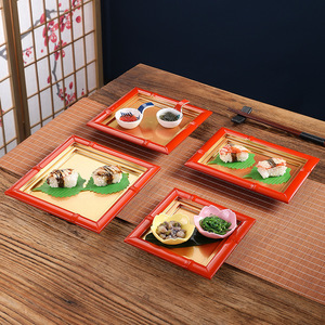 Plato doble para servir fideos fríos, con forma de bambú, en rojo y dorado, plato para sushi, utensilios de imitación de bambú para catering y hoteles - Product Image 1