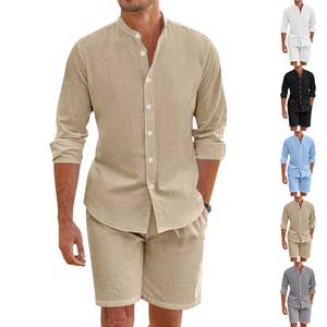 <span class=keywords><strong>Traje</strong></span> Casual Simple para <span class=keywords><strong>Hombre</strong></span>, Estilo Europeo Americano, Primavera-Verano, <span class=keywords><strong>Camisa</strong></span> de Fibra con Botones, Manga Larga, Pantalones Cortos, Cárdigan - Product Image 1