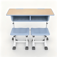 Meubles d'école primaire, pupitre scolaire deux places, dessus en bois, double compartiment pour livres, cadre en acier blanc, pour collège