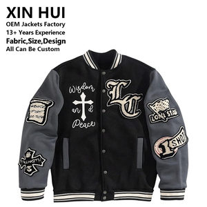Veste bomber rétro hip-hop bicolore grise en coton 100% écologique, coupe-vent, broderie personnalisée en croix, vente en gros - Product Image 1