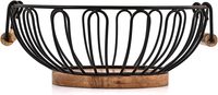 Panier à fruits en fil métallique avec base en bois massif et poignées en bois, bol de rangement vintage pour comptoir de cuisine pour fruits, légumes et collations